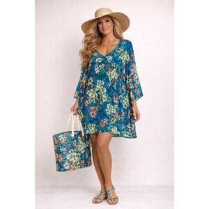 Lands End Blue Floral Swim Cover Up Tunic Kimono Sheer Beach Small Oversized